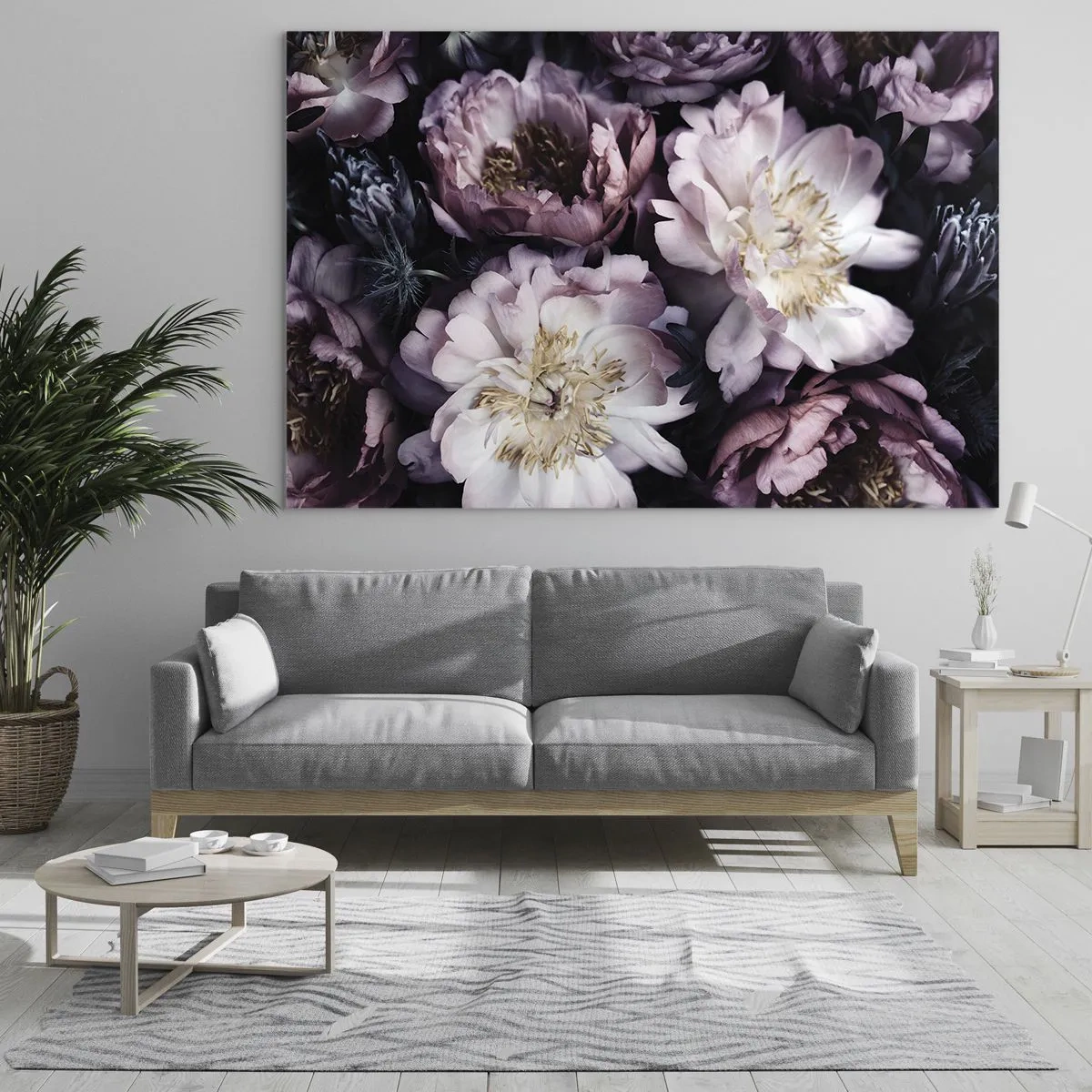 Tablou pe sticlă - Un buchet romantic de bujori în nuanțe estompate de mov și roz - 70x50cm - Buchet în stil vechi - Decorațiune modernă pentru perete pentru living și dormitor ARTTOR