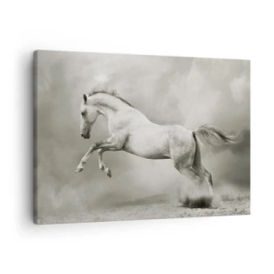 Tablou pe pânză Canvas - Un cal alb într-un salt dinamic pe fundalul norilor cețoși. - 70x50cm - Între veghe și visare - Decorațiune modernă pentru perete pentru living și dormitor ARTTOR