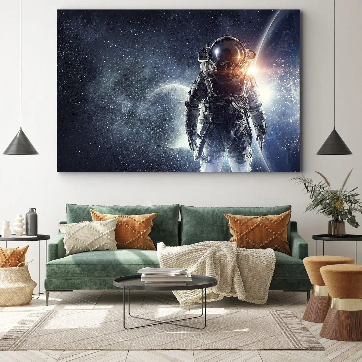 Tablou pe pânză Canvas - Astronautul pe fundalul spațiului și al planetei Pământ - 70x50cm - Aventură spațială - Decorațiune modernă pentru perete pentru living și dormitor ARTTOR
