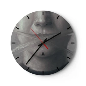 Ceas de perete - Ceas pe sticlă - Portret alb-negru cu gura acoperită cu o cruce de pensulă - 30x30cm - Nici un cuvânt - Decorațiune modernă pentru perete pentru living, bucătărie și dormitor ARTTOR