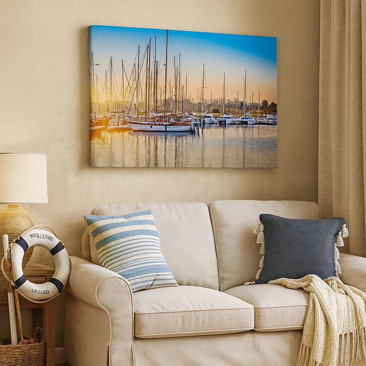 Tablou pe pânză Canvas - Apus de soare peste un port plin de bărci cu pânze - 70x50cm - Vântul trebuie să doarmă și el - Decorațiune modernă pentru perete pentru living și dormitor ARTTOR