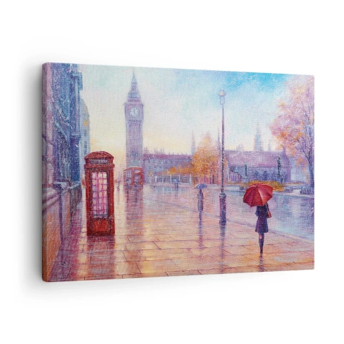 Tablou pe pânză Canvas - Stradă din Londra cu Big Ben într-o zi ploioasă - 70x50cm - O zi de toamnă londoneză - Decorațiune modernă pentru perete pentru living și dormitor ARTTOR