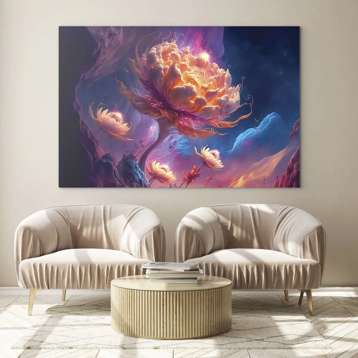 Tablou pe sticlă - O floare fantastică plutind într-un cadru cosmic - 70x50cm - O altă lume - Decorațiune modernă pentru perete pentru living și dormitor ARTTOR
