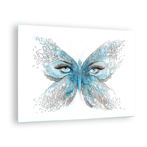 Tablou pe sticlă - Un fluture cu aripi albastre și ochi umani într-un stil artistic. - 70x50cm - Polyommatus eros - Decorațiune modernă pentru perete pentru living și dormitor ARTTOR