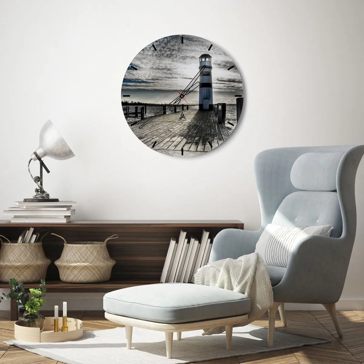 Ceas de perete - Ceas pe sticlă - Un far pe un dig în stil monocromatic - 30x30cm - Marinari, abia aștept să vă văd - Decorațiune modernă pentru perete pentru living, bucătărie și dormitor ARTTOR