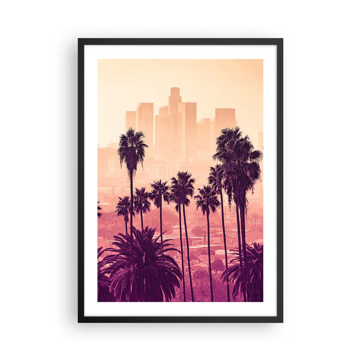 Poster în ramă neagră - Palmieri pe fundalul orașului la apusul soarelui - 50x70cm - Peisaj din California - Decorațiune modernă pentru perete pentru living și dormitor ARTTOR