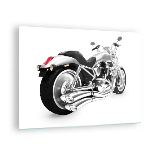 Tablou pe sticlă - O motocicletă cromată în stil modern pe fundal alb - 70x50cm - Visul unui colecționar - Decorațiune modernă pentru perete pentru living și dormitor ARTTOR