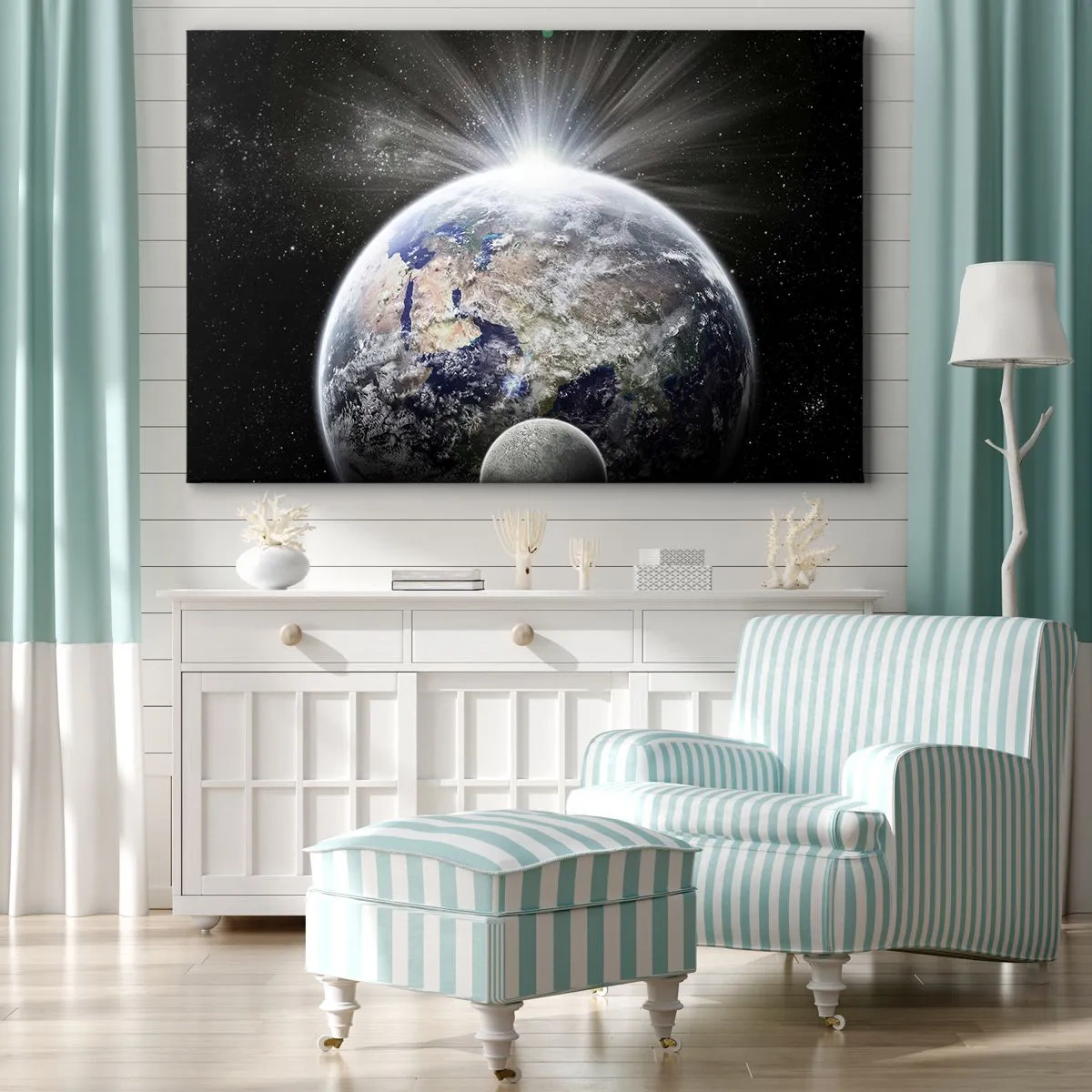 Tablou pe pânză Canvas - Pământul și Luna iluminate de strălucirea spațiului - 70x50cm - În plină strălucire - Decorațiune modernă pentru perete pentru living și dormitor ARTTOR