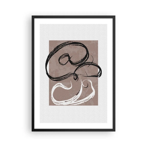 Poster în ramă neagră - Compoziție abstractă cu tușe dinamice în alb și negru pe fundal maro. - 50x70cm - Compoziția - căutarea plenitudinii - Decorațiune modernă pentru perete pentru living și dormitor ARTTOR