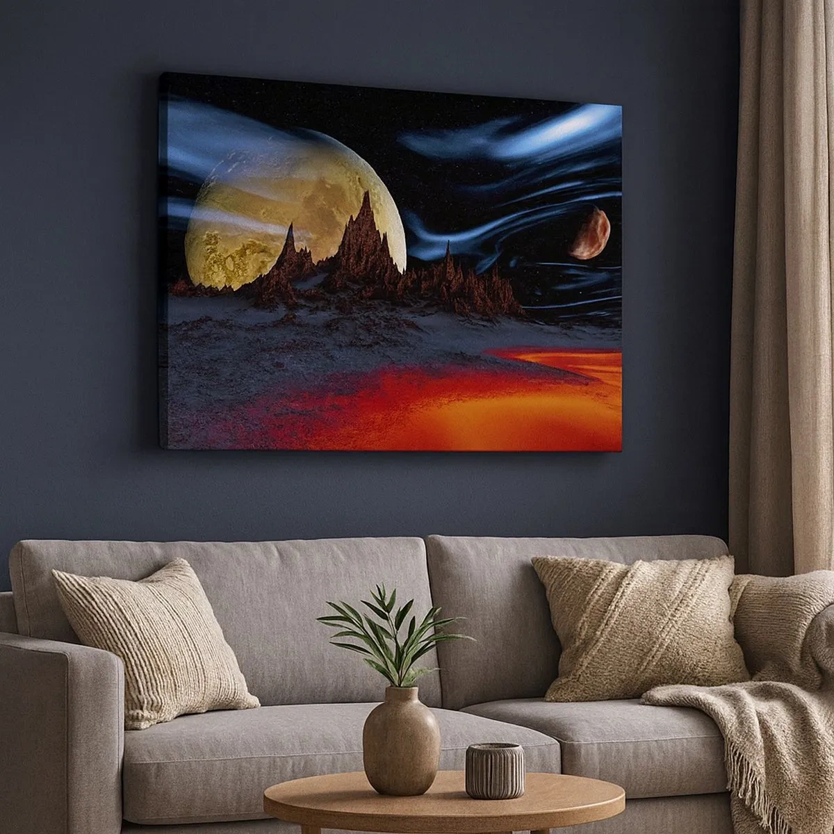 Tablou pe pânză Canvas - Un peisaj fantastic cu planete și peisaje vulcanice - 70x50cm - Lumea necunoscută - Decorațiune modernă pentru perete pentru living și dormitor ARTTOR