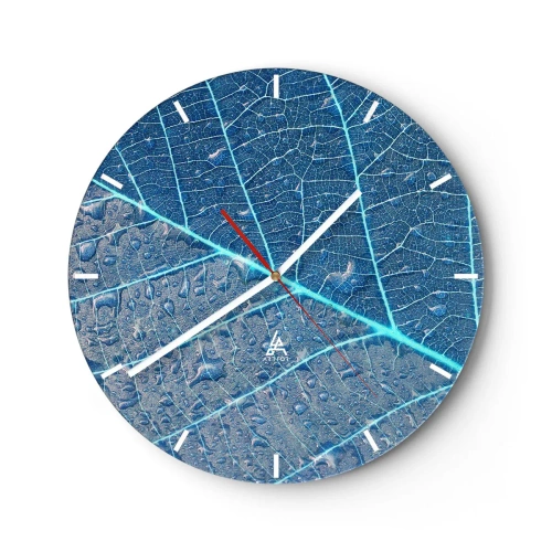Ceas de perete - Ceas pe sticlă - Structura frunzelor în nuanțe de albastru și gri - 30x30cm - Viața în albastru - Decorațiune modernă pentru perete pentru living, bucătărie și dormitor ARTTOR