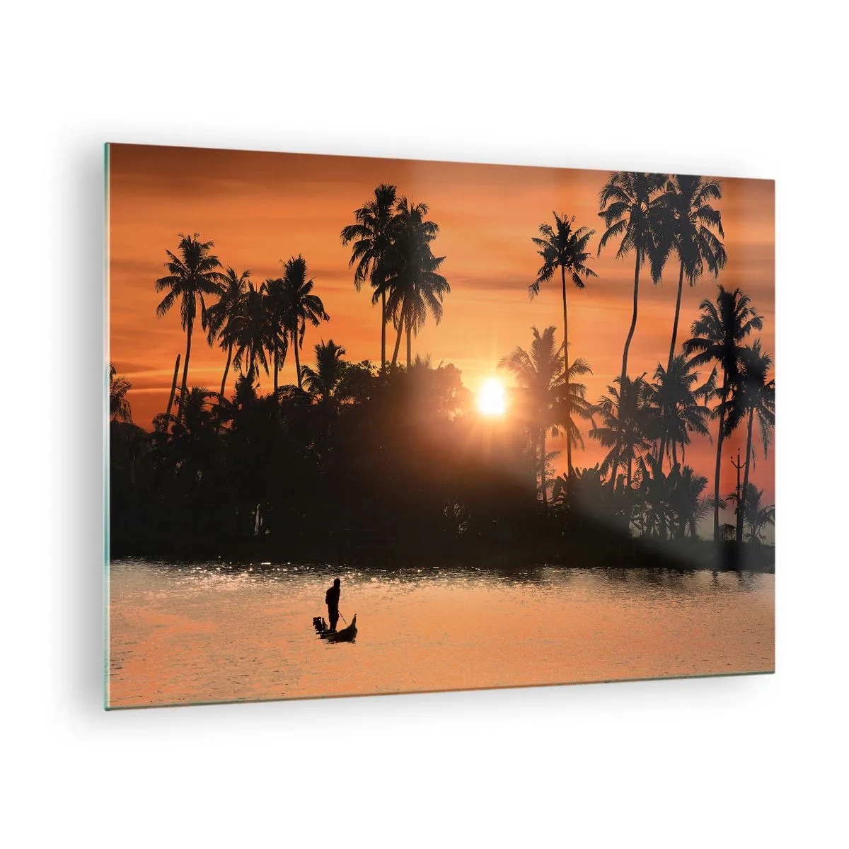 Tablou pe sticlă - Peisaj tropical cu palmieri și apus de soare peste râu - 70x50cm - Timp de relaxare - Decorațiune modernă pentru perete pentru living și dormitor ARTTOR