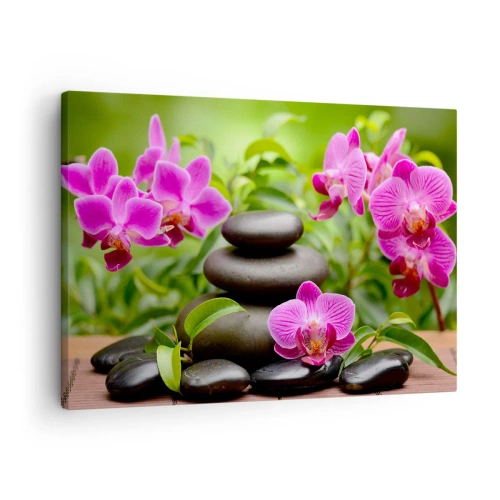 Tablou pe pânză Canvas - Orhidee roz cu pietre pe fundal verde - 70x50cm - Piramida de liniște - Decorațiune modernă pentru perete pentru living și dormitor ARTTOR