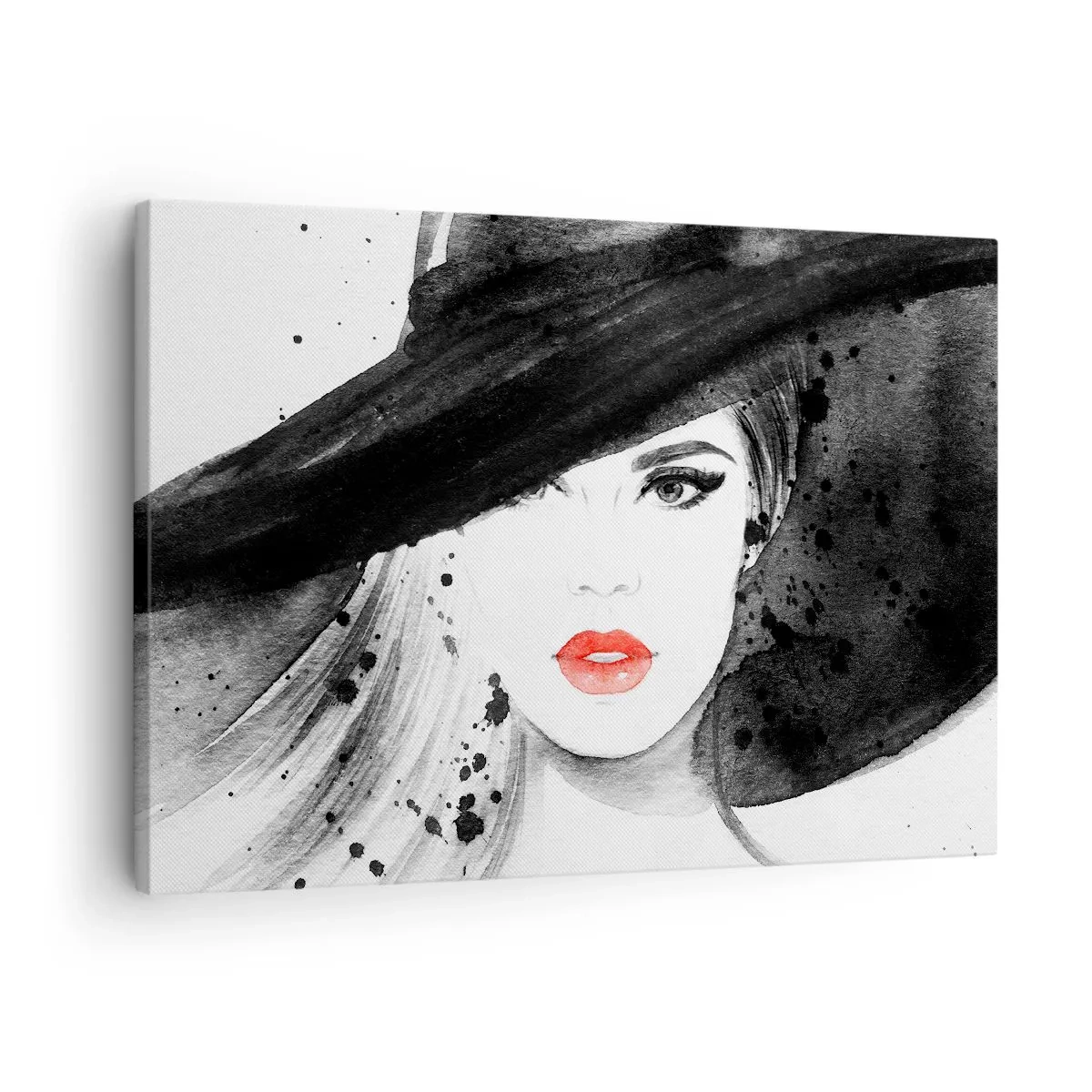 Tablou pe pânză Canvas - Portretul unei femei cu o pălărie și buze roșii - 70x50cm - Doamna în negru - Decorațiune modernă pentru perete pentru living și dormitor ARTTOR