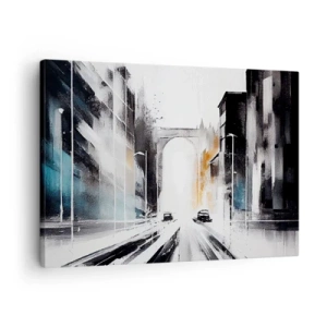 Tablou pe pânză Canvas - Panoramă abstractă a orașului cu un pod arcuit - 70x50cm - Studiu de oraș: arhitectură și mișcare - Decorațiune modernă pentru perete pentru living și dormitor ARTTOR