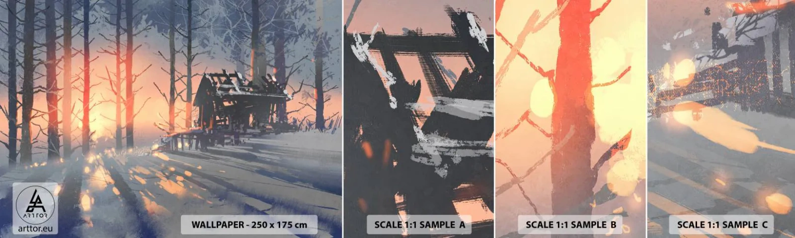 Mostră tapet autocolant Deluxe Sticker - Doar soarele se strecoară - Peisaj, Cabana Forest, pădure - 100x30 cm