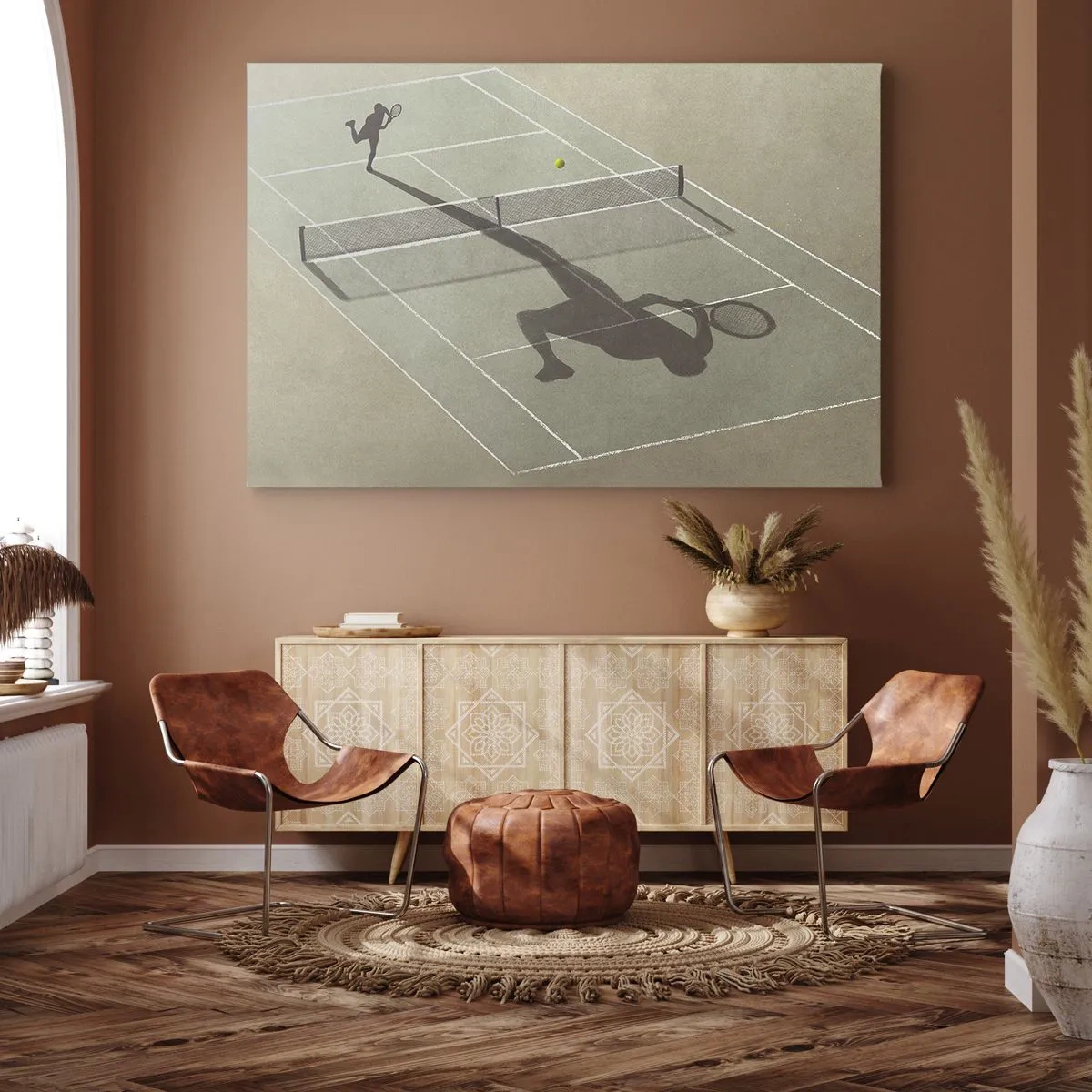 Tablou pe pânză Canvas - Umbra unui jucător de tenis pe teren în timpul unui meci de tenis - 70x50cm - Învinge-te pe tine însuți - Decorațiune modernă pentru perete pentru living și dormitor ARTTOR