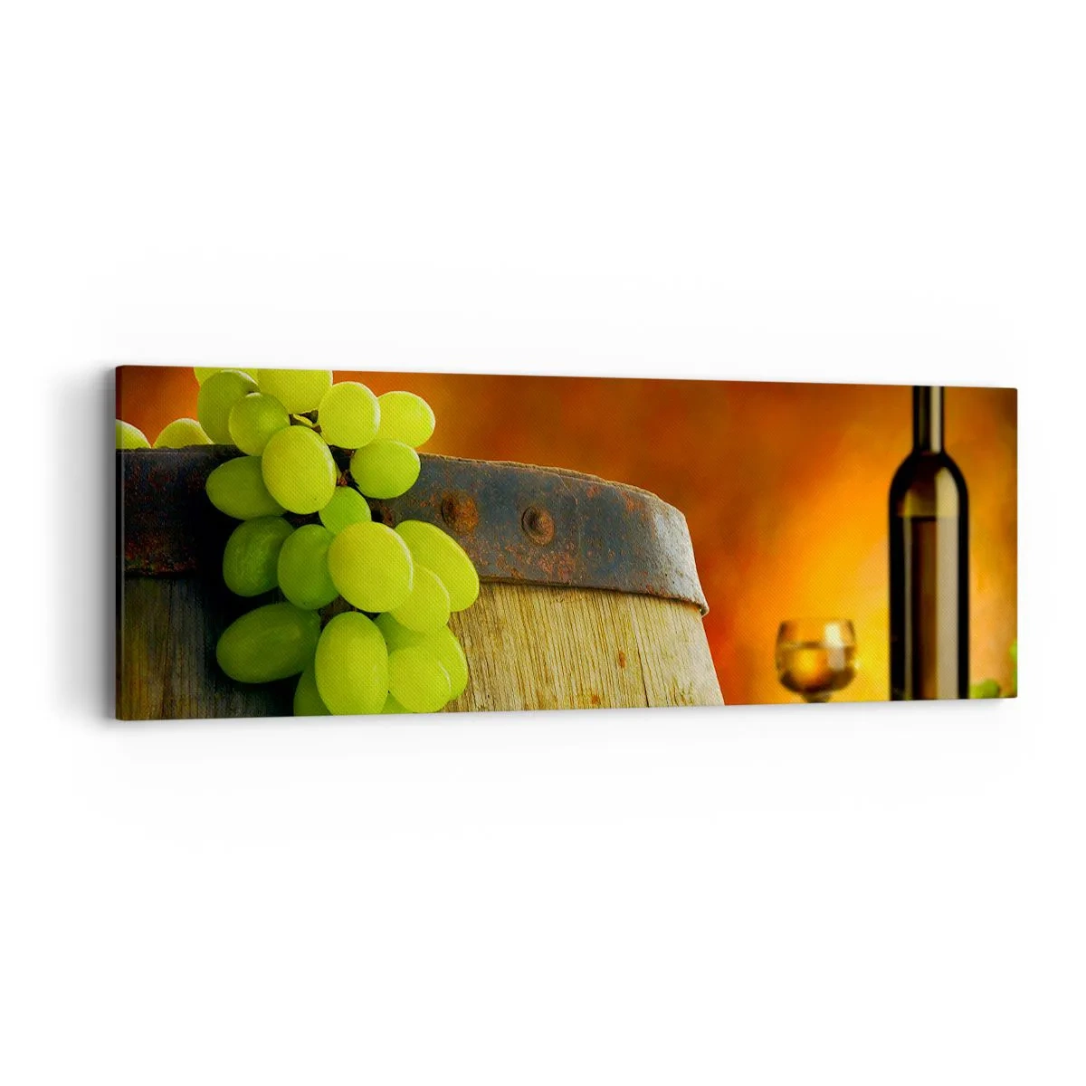 Tablou pe pânză - Natură moartă cu o sticlă de vin și un ciorchine de struguri - 90x30 cm