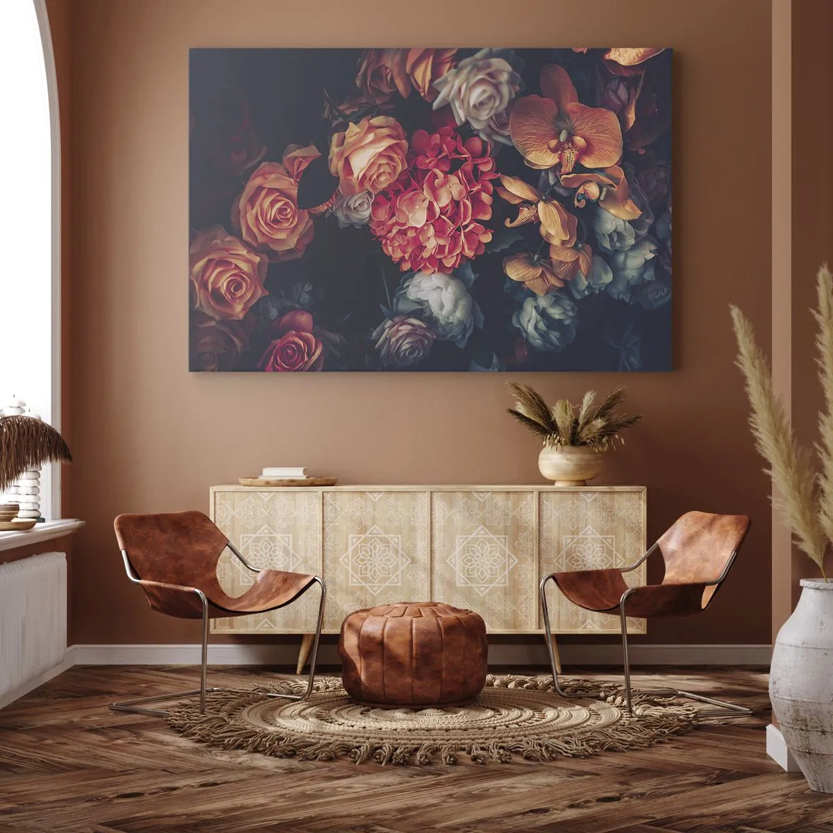 Tablou pe pânză Canvas - Un buchet de flori diverse în tonuri închise - 70x50cm - Ca la maeștri olandezi - Decorațiune modernă pentru perete pentru living și dormitor ARTTOR