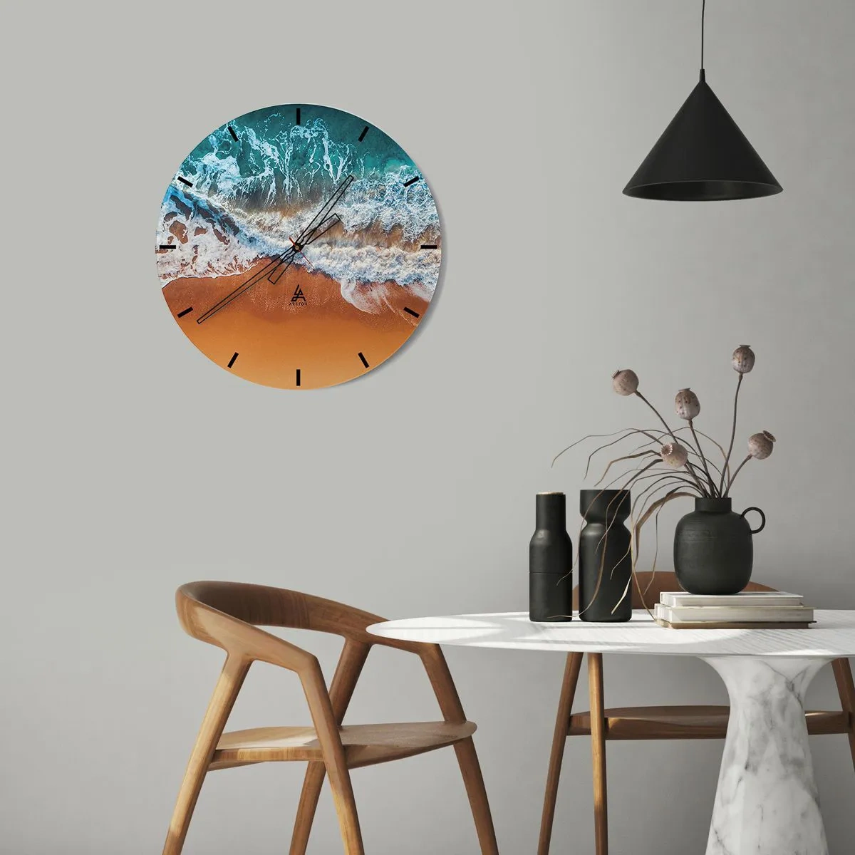 Ceas de perete - Ceas pe sticlă - Scenă orientală cu o barcă și flori de cireș în stil acuarelă - 30x30cm - Întotdeauna în tandem - Decorațiune modernă pentru perete pentru living, bucătărie și dormitor ARTTOR