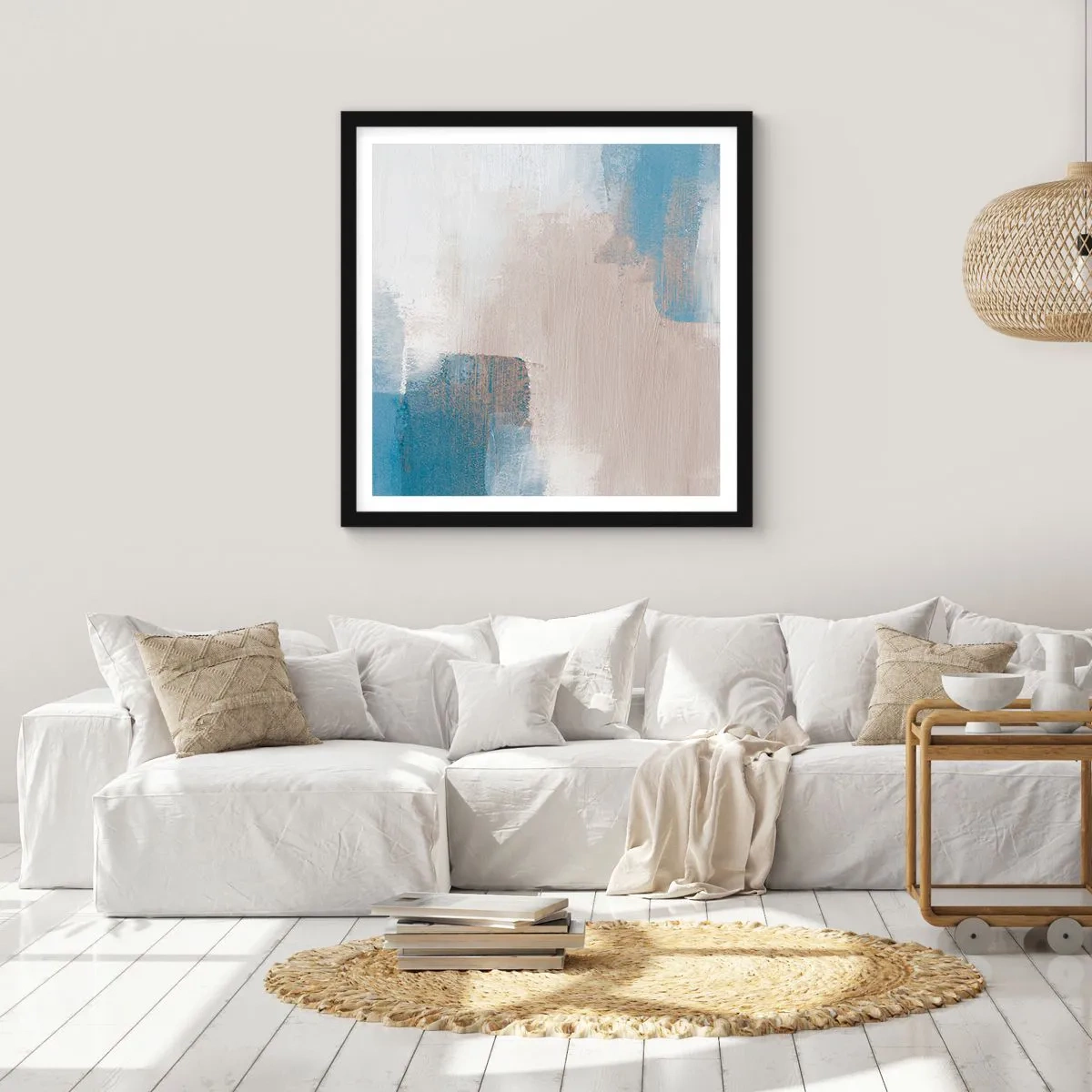 Poster în ramă neagră - Abstracție roz în spatele unui voal de albastru - 30x30 cm