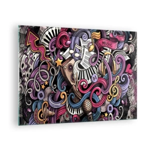 Tablou pe sticlă - Teme muzicale colorate cu note și instrumente - 70x50cm - Melodie complicată - Decorațiune modernă pentru perete pentru living și dormitor ARTTOR