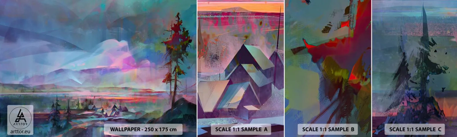 Mostră tapet autocolant Deluxe Sticker - Sub un cer binevoitor - Abstracția, Peisaj, Munţi - 100x30 cm