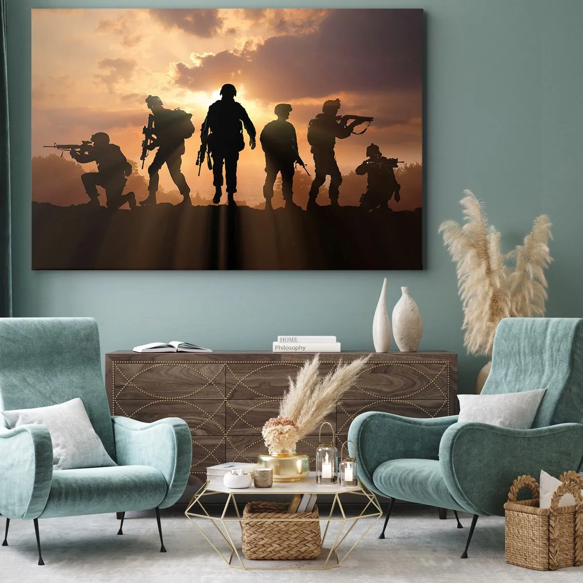 Tablou pe pânză Canvas - Soldați pe fundalul soarelui apus într-un decor dinamic - 70x50cm - Brothers in arms - Decorațiune modernă pentru perete pentru living și dormitor ARTTOR