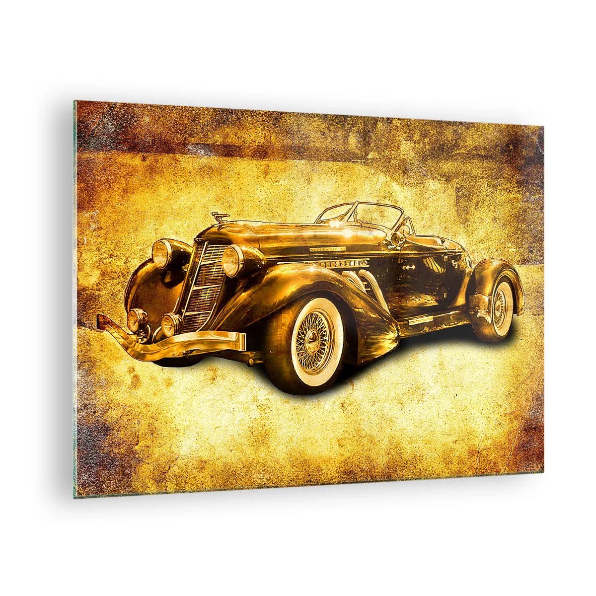Tablou pe sticlă - Mașină decapotabilă de epocă pe un fundal vintage - 70x50cm - Elita elitelor - Decorațiune modernă pentru perete pentru living și dormitor ARTTOR