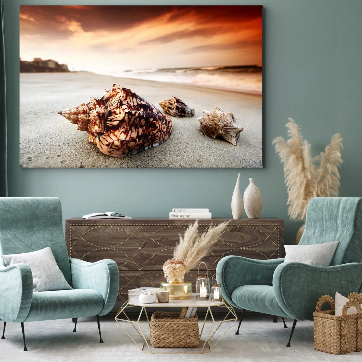 Tablou pe pânză Canvas - Scoici pe plajă la apus - 70x50cm - Exilate de valuri - Decorațiune modernă pentru perete pentru living și dormitor ARTTOR