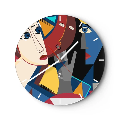 Ceas de perete - Ceas pe sticlă - Fețe cubiste în culori vibrante într-o compoziție geometrică - 30x30cm - Discuția cubiștilor - Decorațiune modernă pentru perete pentru living, bucătărie și dormitor ARTTOR