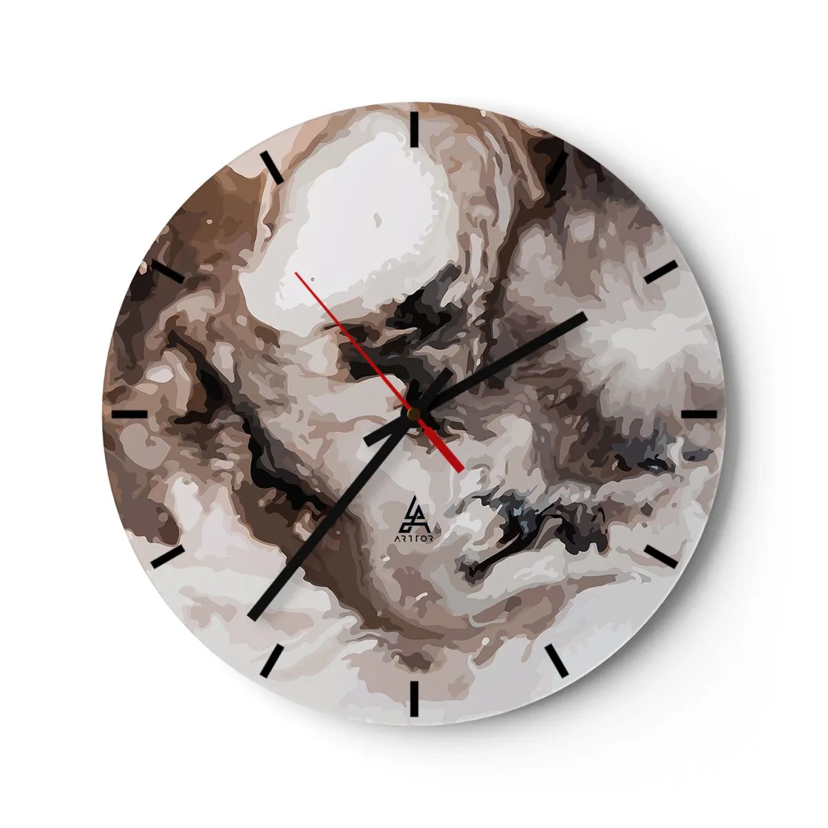 Ceas de perete - Ceas pe sticlă - Model abstract în nuanțe de maro, alb și gri - 30x30cm - Nașterea unei galaxii - Decorațiune modernă pentru perete pentru living, bucătărie și dormitor ARTTOR