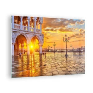 Tablou pe sticlă - Răsărit de soare peste arcade și piață - 70x50cm - Unde este toată lumea? - Decorațiune modernă pentru perete pentru living și dormitor ARTTOR