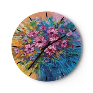 Ceas de perete - Ceas pe sticlă - O compoziție de flori colorate pe un fundal de culori dinamice - 30x30cm - Energia vieții - Decorațiune modernă pentru perete pentru living, bucătărie și dormitor ARTTOR