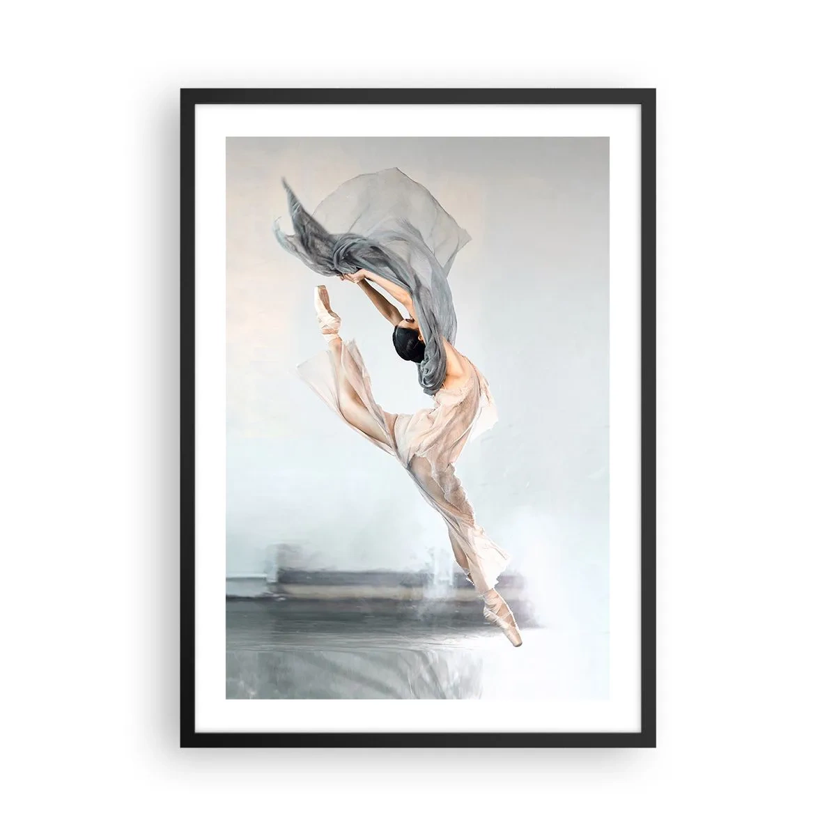 Poster în ramă neagră - O balerină dansând cu un șal delicat pe un fundal deschis la culoare - 50x70cm - În exaltare de dans - Decorațiune modernă pentru perete pentru living și dormitor ARTTOR