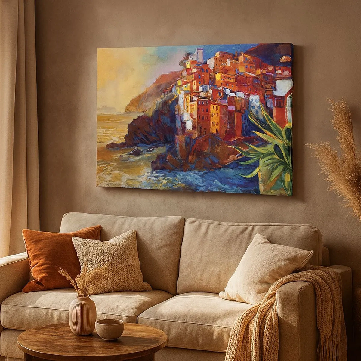 Tablou pe pânză Canvas - Case colorate pe o stâncă deasupra mării - 70x50cm - Oraș italian de vis - Decorațiune modernă pentru perete pentru living și dormitor ARTTOR