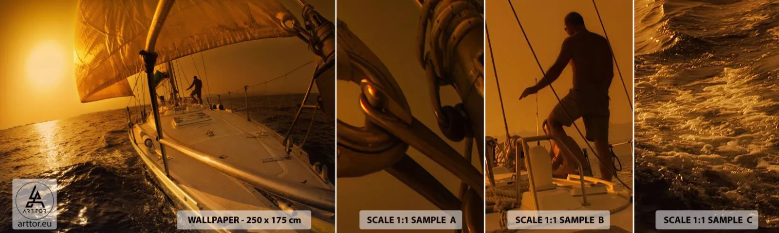 Mostră de Tapet Standard Eco - O seară aurie după o zi multicoloră - Studii maritime, Barcă cu pânze, Călătorii - 100x30 cm