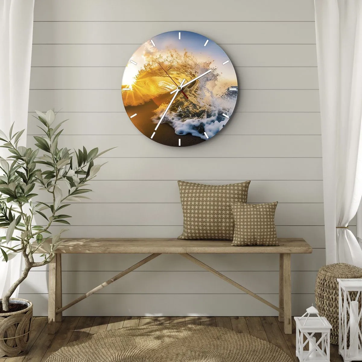 Ceas de perete - Ceas pe sticlă - Un val de mare luminat de razele soarelui care apune - 30x30cm - Joc în nisip - Decorațiune modernă pentru perete pentru living, bucătărie și dormitor ARTTOR
