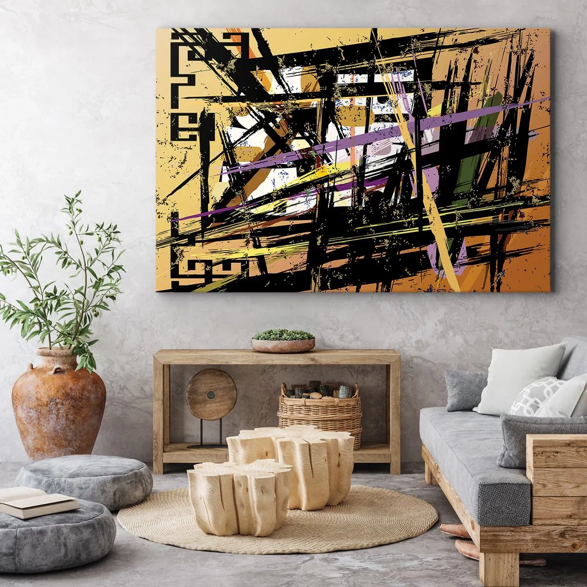 Tablou pe pânză Canvas - Linii și forme abstracte pe un fundal bej - 70x50cm - Tăietură ascuțită - Decorațiune modernă pentru perete pentru living și dormitor ARTTOR