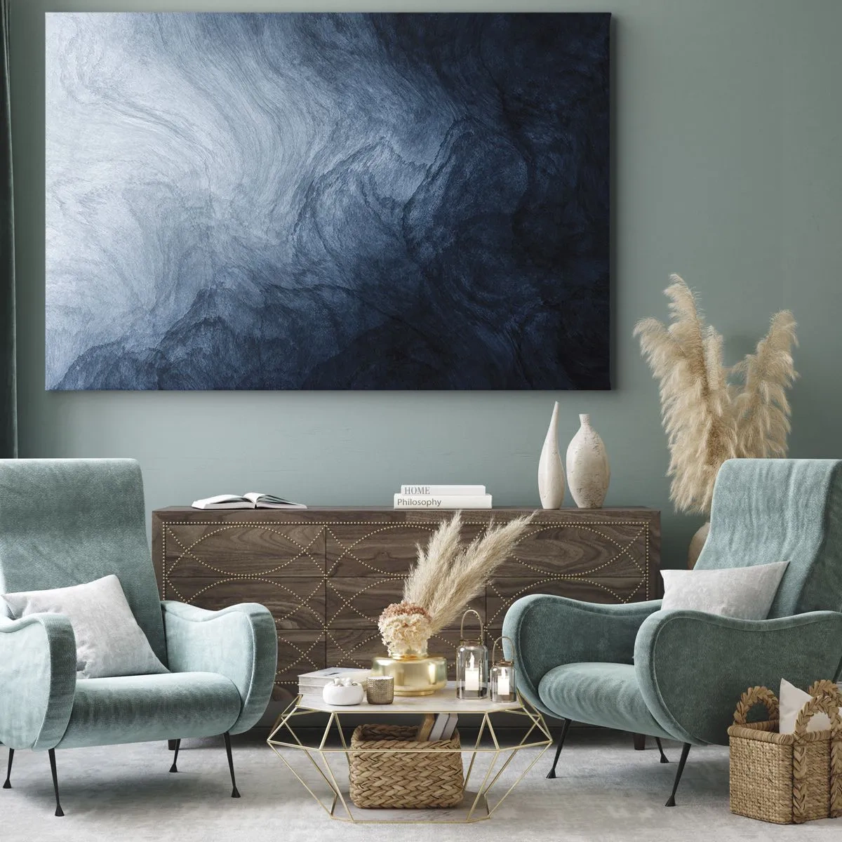 Tablou pe pânză Canvas - O compoziție abstractă în nuanțe de albastru și bleumarin. - 70x50cm - În adâncuri - Decorațiune modernă pentru perete pentru living și dormitor ARTTOR