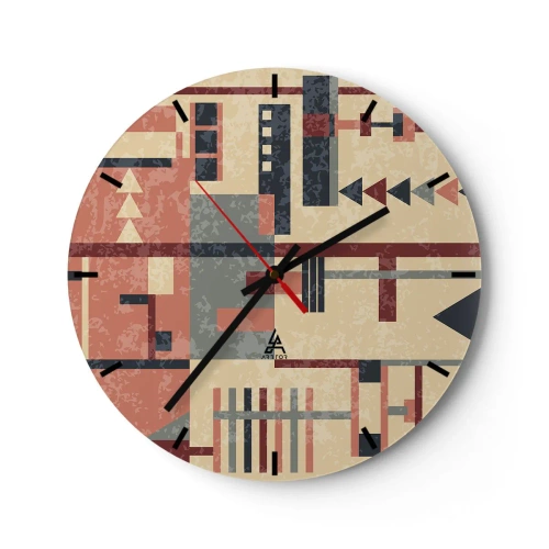 Ceas de perete - Ceas pe sticlă - Model geometric abstract în nuanțe de bej, roșu și gri - 30x30cm - Combinație de verticale și orizontale - Decorațiune modernă pentru perete pentru living, bucătărie și dormitor ARTTOR