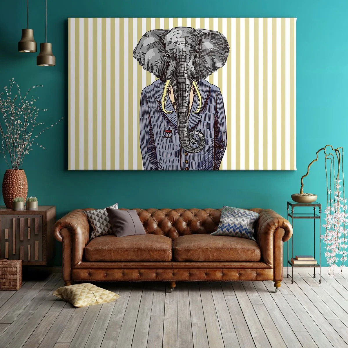 Tablou pe pânză Canvas - Un elefant în costum pe un fundal de dungi bej - 70x50cm - Elegant prin natură - Decorațiune modernă pentru perete pentru living și dormitor ARTTOR