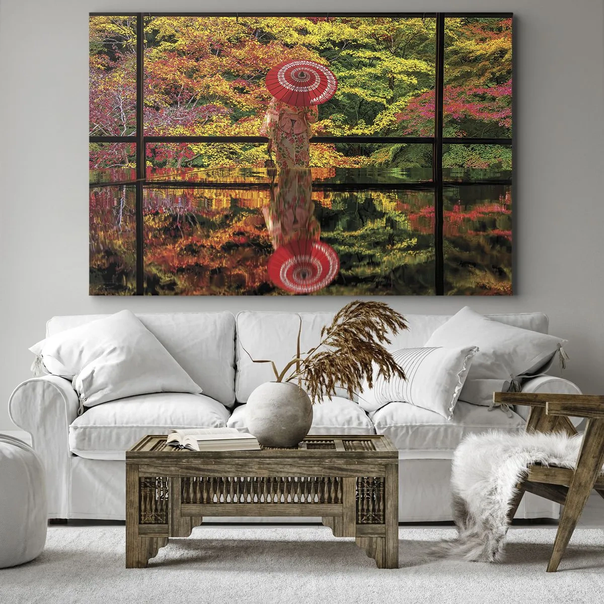 Tablou pe pânză Canvas - O femeie într-un kimono cu o umbrelă pe fundalul unui peisaj de toamnă. - 70x50cm - În templul naturii - Decorațiune modernă pentru perete pentru living și dormitor ARTTOR