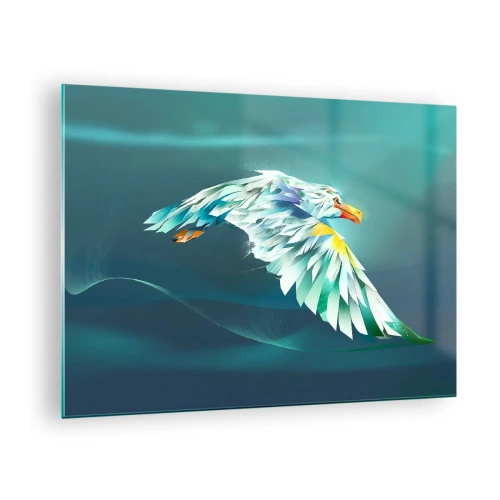 Tablou pe sticlă - O imagine abstractă a unui vultur în nuanțe de albastru și alb pe un fundal de valuri. - 70x50cm - Puterea vulturului în zbor - Decorațiune modernă pentru perete pentru living și dormitor ARTTOR