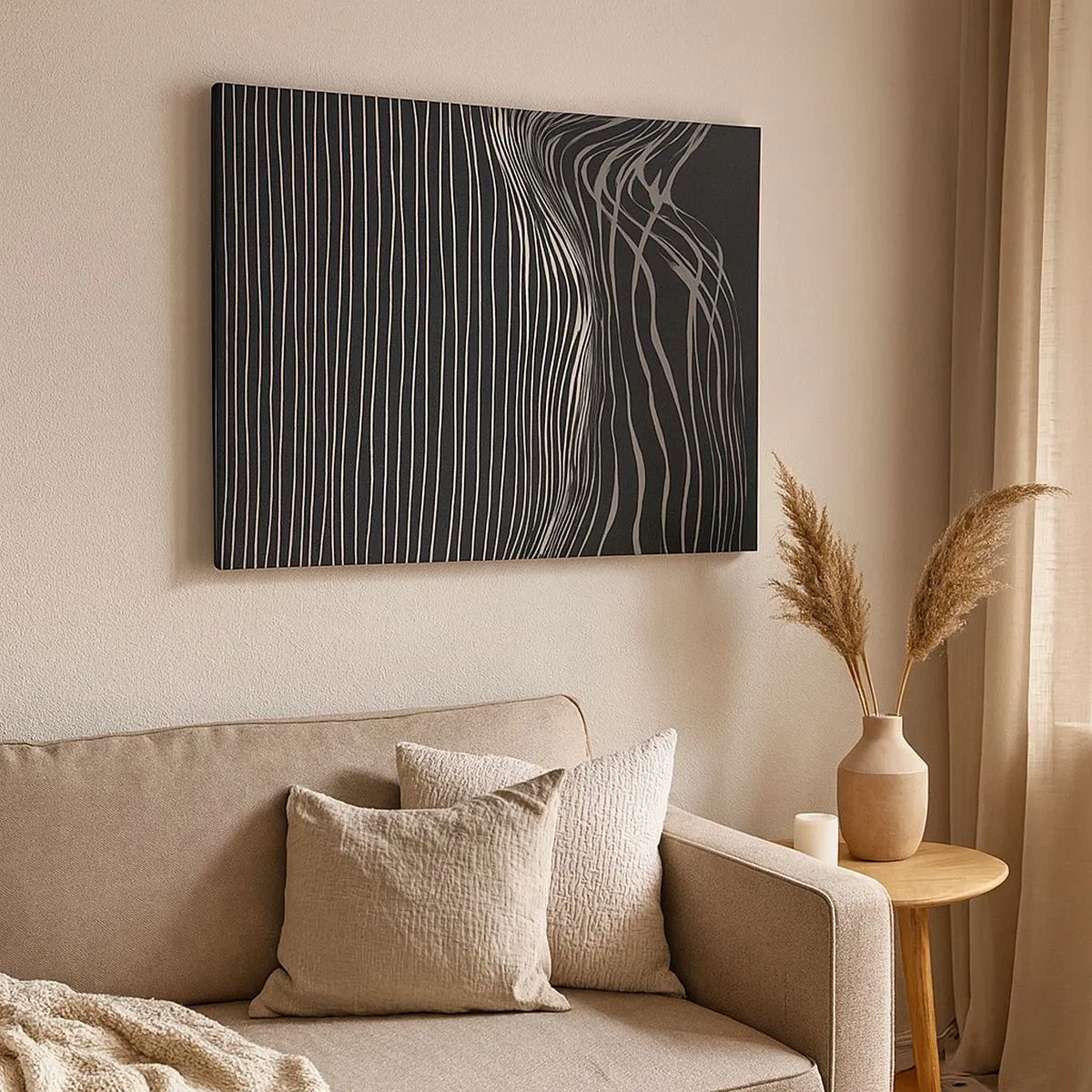 Tablou pe pânză Canvas - Linii albe pe un fundal gri închis într-un aranjament abstract - 70x50cm - Ritm și accent - Decorațiune modernă pentru perete pentru living și dormitor ARTTOR
