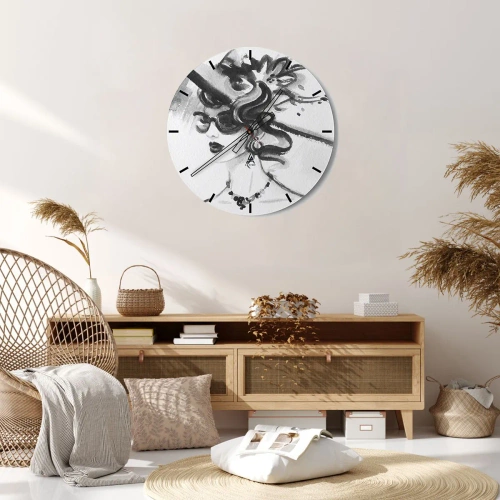 Ceas de perete - Ceas pe sticlă - Schiță alb-negru a unei femei elegante purtând ochelari și o pălărie. - 30x30cm - Dama cu caracter - Decorațiune modernă pentru perete pentru living, bucătărie și dormitor ARTTOR