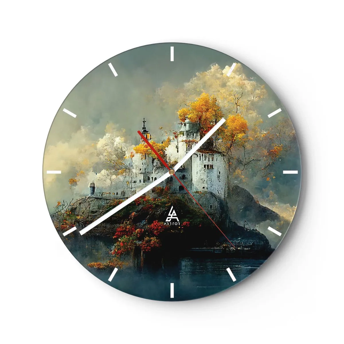 Ceas de perete - Ceas pe sticlă - Un castel de basm pe un deal înconjurat de copaci de toamnă - 30x30cm - Începutul unei povești romantice - Decorațiune modernă pentru perete pentru living, bucătărie și dormitor ARTTOR