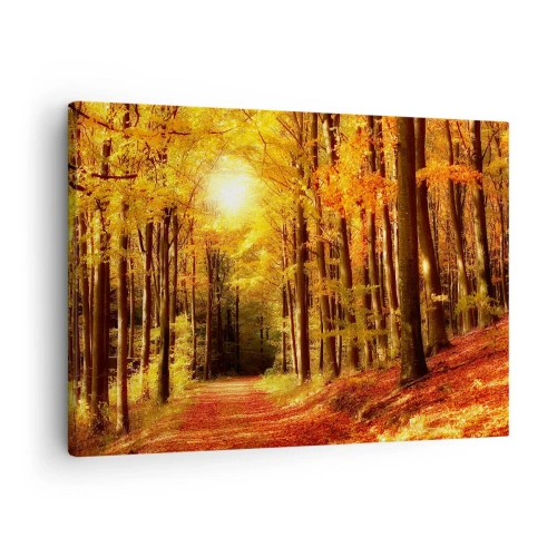 Tablou pe pânză Canvas - Pădure de toamnă cu raze de soare strălucind printre copaci - 70x50cm - Toamna de aur pe un drum forestier - Decorațiune modernă pentru perete pentru living și dormitor ARTTOR