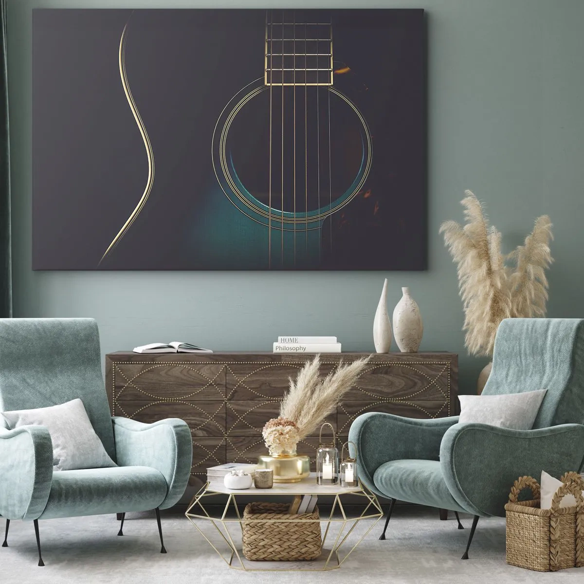 Tablou pe pânză Canvas - Chitară acustică în lumină întunecată și elegantă - 70x50cm - O clipă înainte de a suna - Decorațiune modernă pentru perete pentru living și dormitor ARTTOR