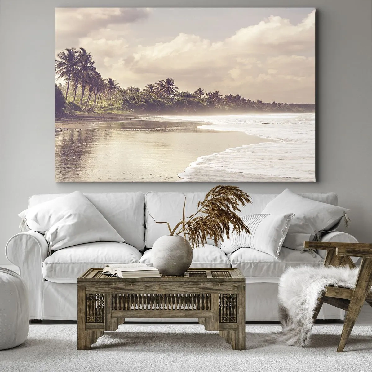 Tablou pe pânză Canvas - O plajă cu palmieri și valuri line dimineața - 70x50cm - Mângâind valurile - Decorațiune modernă pentru perete pentru living și dormitor ARTTOR